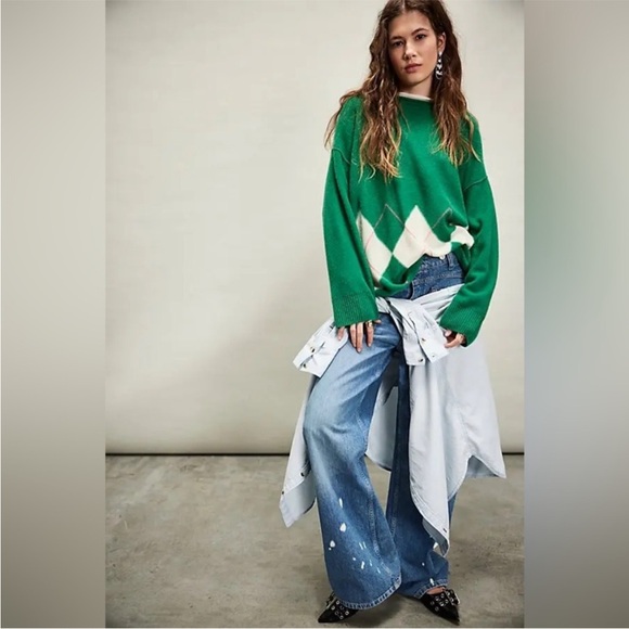 Free People Sweater Womens Medium 100% Cashmere Addie Argyle Green Oversized - Picture 12 of 12